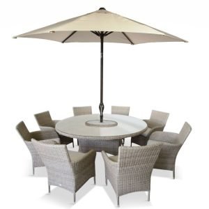 Monaco Sand 8 Seat Dining Set with Weave Lazy Susan and 3.0m Parasol | Outdoor Living | Garden Sets | The Elms