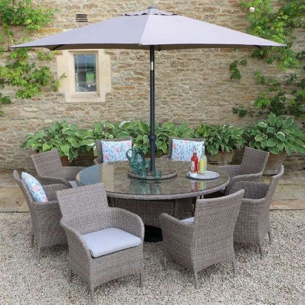Monaco Sand 8 Seat Dining Set with Weave Lazy Susan and 3.0m Parasol | Outdoor Living | Garden Sets | The Elms