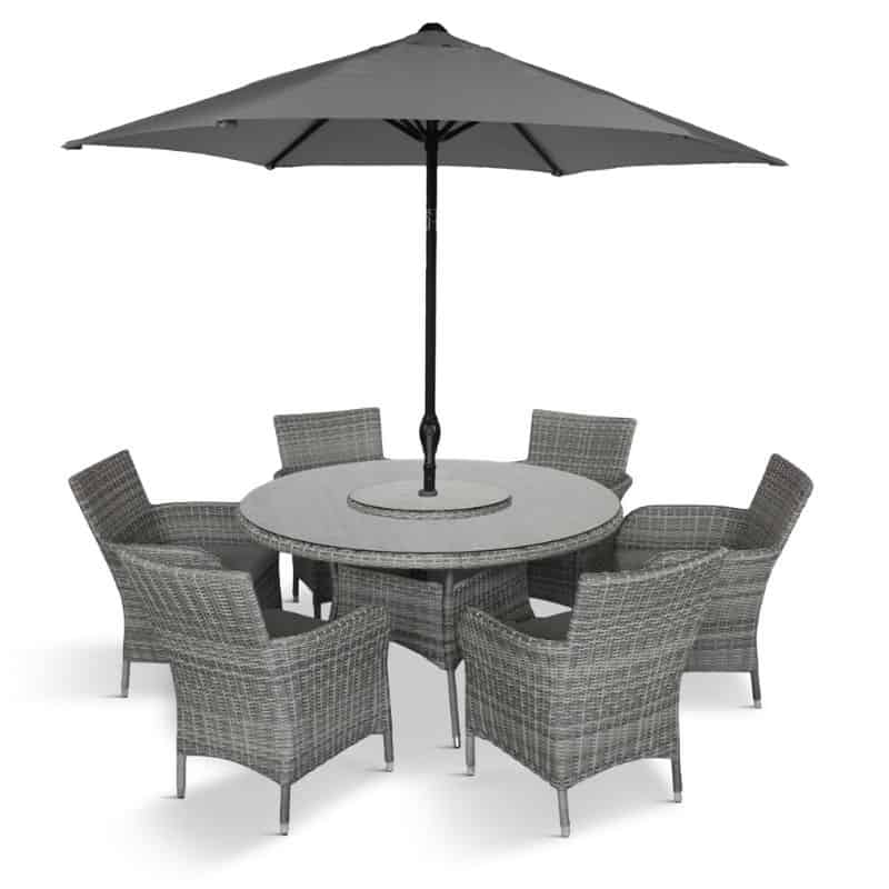 Monaco Stone 6 Seat Dining Set with Weave Lazy Susan and 3.0m Parasol | Outdoor Living | Garden Sets | The Elms