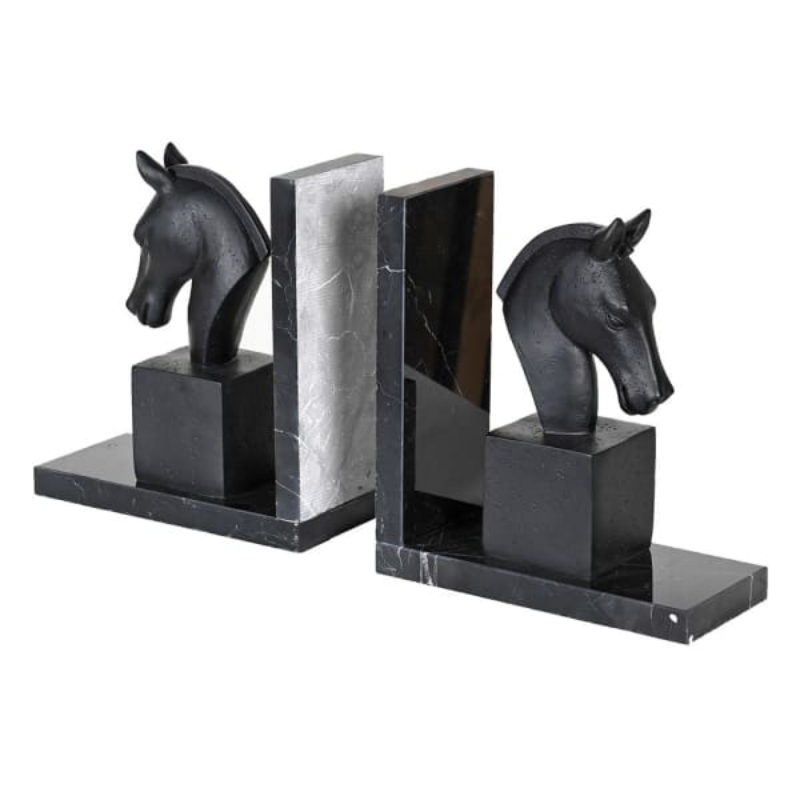 Pair Black Marble Horse Bookends | The Elms