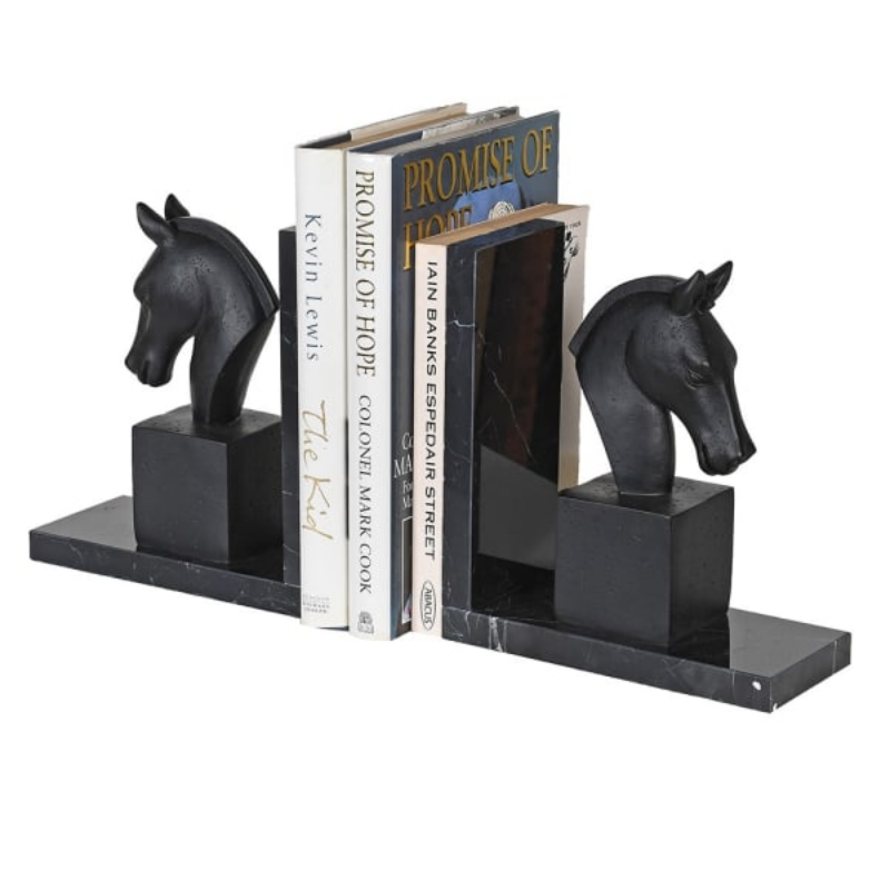 Pair Black Marble Horse Bookends | The Elms