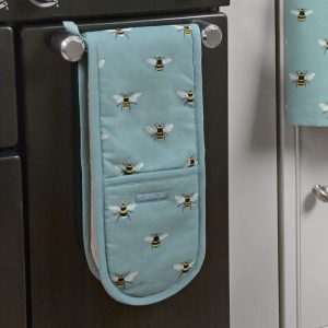 Double Oven Glove - Bees Teal | Kitchen Accessories | Linen | The Elms
