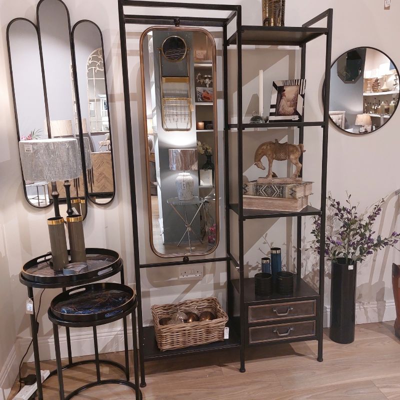 Orwell Dressing Shelf Unit with Mirror - Black and Antique Gold | Furniture | Display & Storage | The Elms