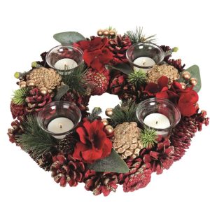 Four Tealight Holder - Red and Gold Floral and Cone | Christmas | Christmas Decorative Accessories | The Elms